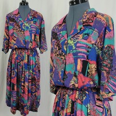 Vtg The Works by Saks Fifth Avenue Multicolored 2 Pc Dress (Blouse/Skirt) Size 4