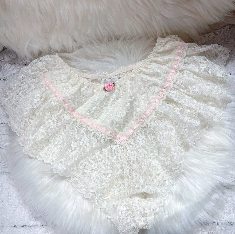 Vintage Lace Cream & Pink Frilly High Cut Flutter Ruffle Lingerie Panties Sz L