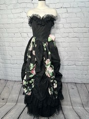 VTG 80s Victorian Lace Taffeta Prom Dress Pink Blk Roses Ruched Strapless XXS