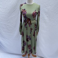 Vtg TRAINA New York 50s 60s Dress S Green Floral Belted Secretary Mad Men Modest
