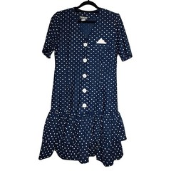 Vintage Polka Dot Mini Dress Womens Size 10 Navy Blue Ruffle Tabby of California