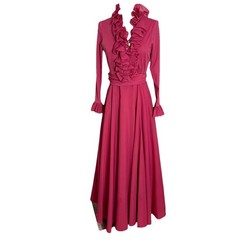 Vintage Victor Costa Pink Maxi Dress Size 10 Long Sleeve Formal Ruffle Sweeping