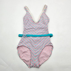 Vintage Jantzen Belted Swimsuit One Piece Size 12 Striped White Pink Teal Purple
