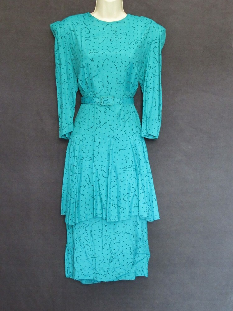 Jane Schaffhausen Belle France Teal Black 3/4 Sleeve 80’s Belted Peplum Dress 14