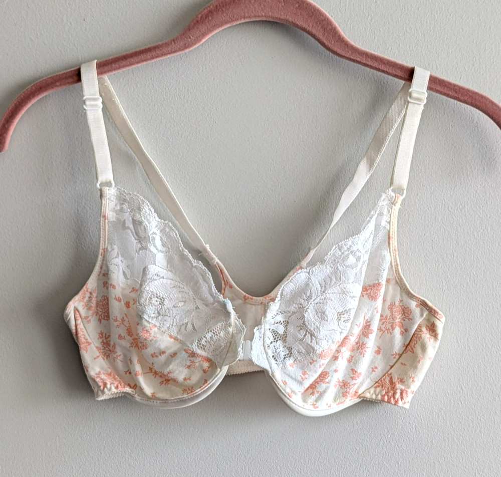Vintage Victoria’s Secret Cotton Lace Bra 36C Floral Front Clasp *DISCOLORATION*