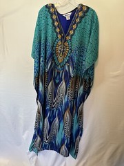 Vtg 90s Flowy Vacation Kaftan Day Dress Mrs. Roper OSFM Teal gold leopard