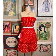 Vintage 1980s Frank Usher England Red Polka Dot Strapless Dress Ruffle Prom Gown