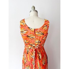 Dela-Ann Creation Maxi Dress Orange Green Purple Leaf Print Vintage 100% Acetate