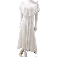 Vtg Wedding Tea Party dress Lace Off White Short Sleeve Cape High Neck Union
