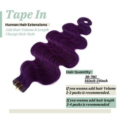 Body Wave Tape in Human Hair Extensions Purple 100% Remy Soft Sea 14-24in