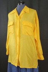 Vintage Bonjour Yellow Oversized Silk Blouse w Button Down & Flap Pockets Size M