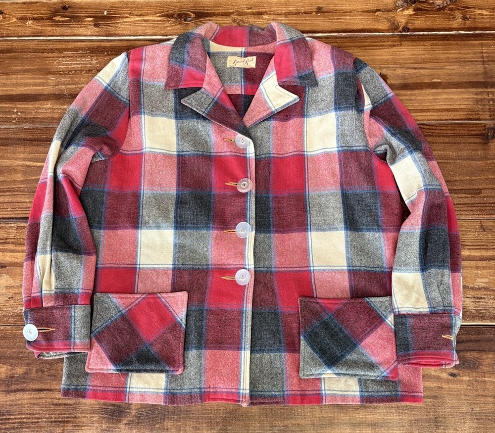 Vtg 50’s Women’s 49er Kasual Koat Wool Plaid Button Up Shirt. Size M