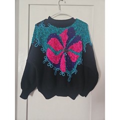VTG Jaclyn Smith Knit Sweater L Black Teal Pink Abstract Beaded Butterfly 80s 90