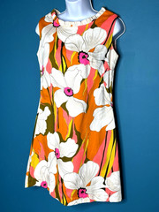 Vtg 60s Richard Douglas Hawaiian Barkcloth Mini Dress MOD BRIGHT Floral Sz S/M