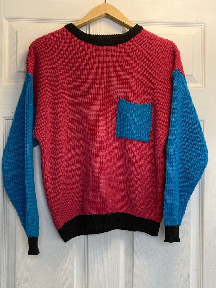 Vtg 80s 90s Streetwear Womens L Color Block Chunky Knit Sweater Glam Barbie Pink