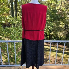 80s Wmns Perceptions Red Black Check Vtg Midi Dress Blazer Suit Set Outfit 14W