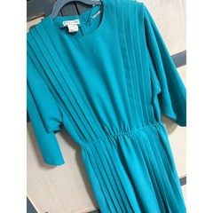 Vintage California Girl Petrina Aberle Teal Pleated Midi Dress 12 80s Modest