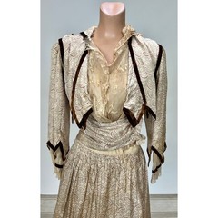 Antique Victorian Beige Printed Silk Two Piece Set Velvet Trim Net Lace Smocking