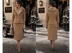 STUNNING Vintage Marissa of California Fox Fur Beige Tan Skirt Suit Set Sz 8-10