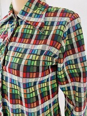 VTG 70s JC Penney Fashions Button Up Poly Tartan Plaid Shirt Top Wide Lapel M**
