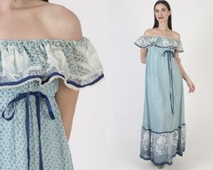 Vintage Jody T California Dress Off Shoulder Prairie Cottage Long Boho Sundress