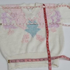 VTG 1980s Sheseido Pastel Sweater M White Blue Pink Lurex Chenille Pearls Fairy