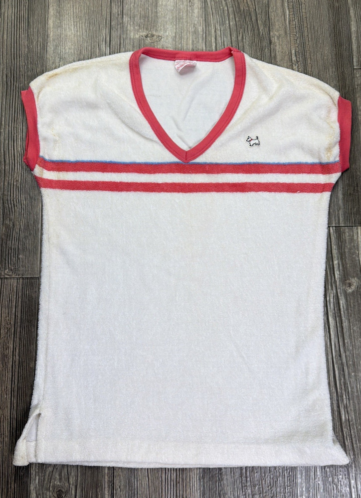 VTG 70s Doggonit’s Women’s M Terry Cloth V Neck Top Scotty Dog Flaw