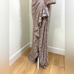 Alex Evenings Sequin Lace Gown 3/4 Sleeves Cascade Detail Front Slit Size 8 NEW