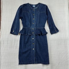 Betsy’s Things 90s VTG Denim Peplum Button Front Midi Dress Dark Wash Blue Sz 7