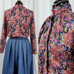 Vintage Country Suburban Multicolored Paisley Print Blouse Size 8