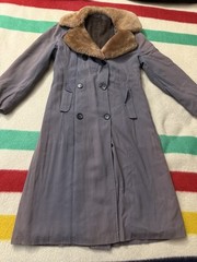 Vintage 40s 50s 60s Gabardine Rayon Sun Faded Mouton Fur Collar Overcoat Trench