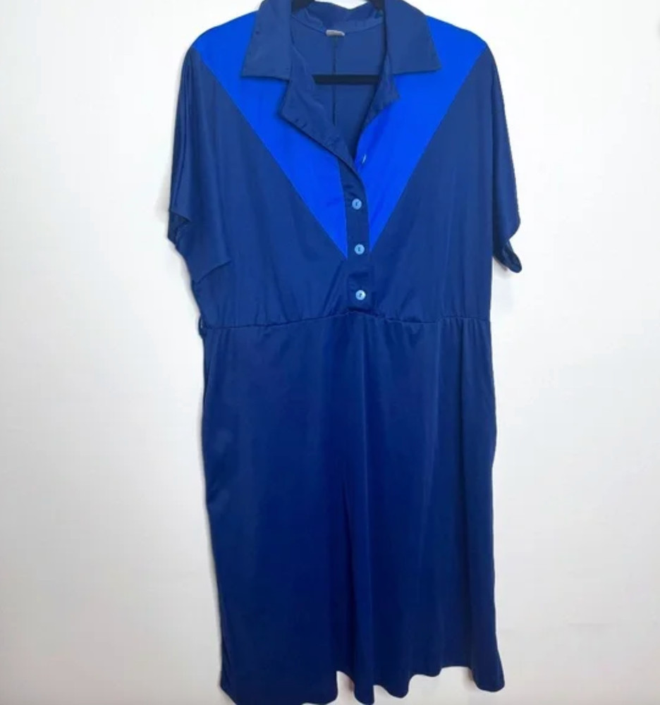 Vintage Blue Collared Day Dress XL Polyester Belt Loops