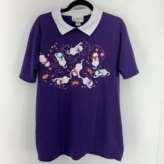 Vtg Women’s Large Cat Lady Collared Tshirt Colorful Boho Grunge Purple Kittens