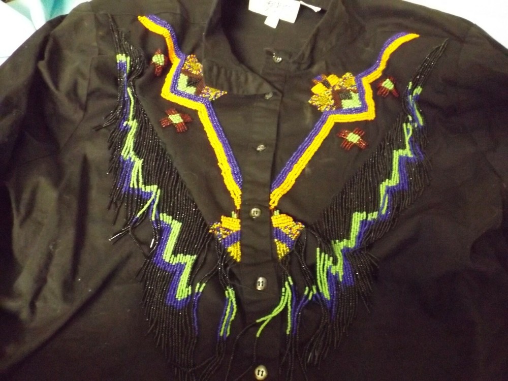 LADIES AWESOME BEADED WESTERN BLACK BLOUSE Long Sleeve SHIRT VINTAGE SIZE 22