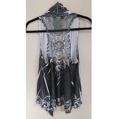 BOHO Monochrome Lace Inset Open Front Duster Vest Lg Whimsigoth Vintage Romantic