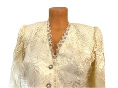 Vtg 80s Off White Lace Jacket & Skirt Suit Set Sz 8 Faux Pearl Karen Lawrence