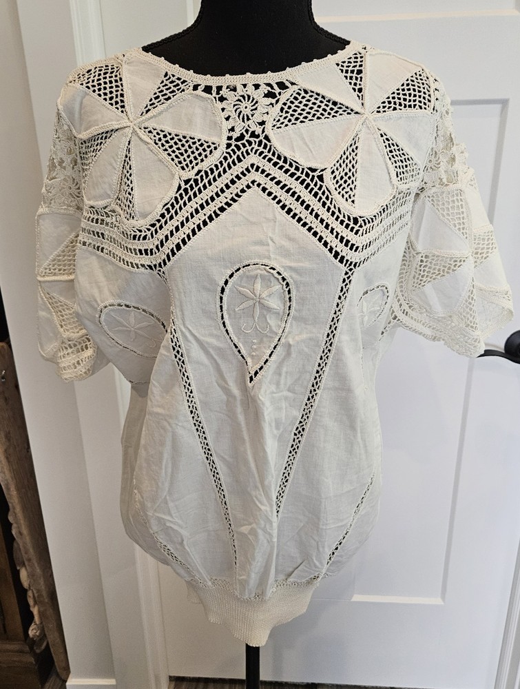 VTG NOS Hand Made BANDO Crochet Lace 100% Cotton Linen Tunic Large Women’s Top