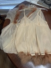 Vintage Evette Chiffon Peignoir Set Babydoll Feather 60’s Hollywood Boudoir M