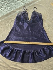 Vintage Feather Bed Intimates Blue Satin Finish Lace Chemise Nightgown M