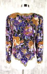 Vintage Oleg Cassini Black Tie Silk Floral Beaded Sequin Evening Top Small