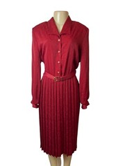 Vtg 80s Florentine Classic Button Up Red Pleated Shirt Midi Dress Sz 14