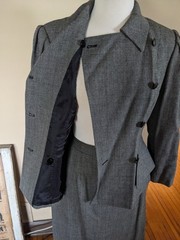 Vintage 1980s Herbert Grossman Skirt Suit Size 10 Black Gray Peplum USA ILGWU