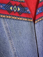 Jerzees Womens Red Denim Tribal Jacket Open Front Reworked 90s 3XL Handmade Vtg