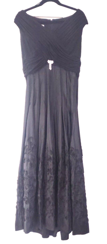 VTG Patra 14P Black Taffeta Skirt Jersey Top A-Line Long 55″ Dress Removable Pin