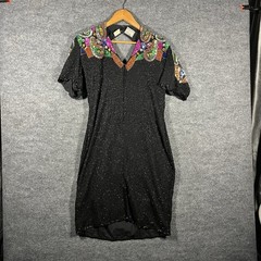 Vintage 80s 100% Silk Stenay Cocktail Dress Teal Black Sequin Beaded Size 14