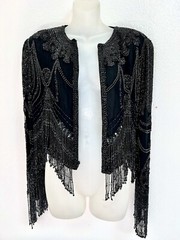 VINTAGE*BLACK BEADED/SEQUIN~FRINGE~ZIPPERED~FORMAL~DRAG~ PROM JACKET~SZ MED/LRG