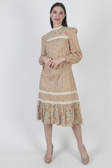 Vtg Autumnal Calico Prairie Dress Crochet Lace Cottage Peasant Country Midi