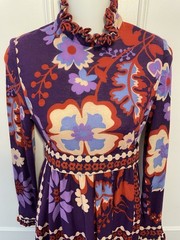 Vintage 1960s SAKS Purple Empire Waist Floral Long Dress Ruffle Neck Wrists XS