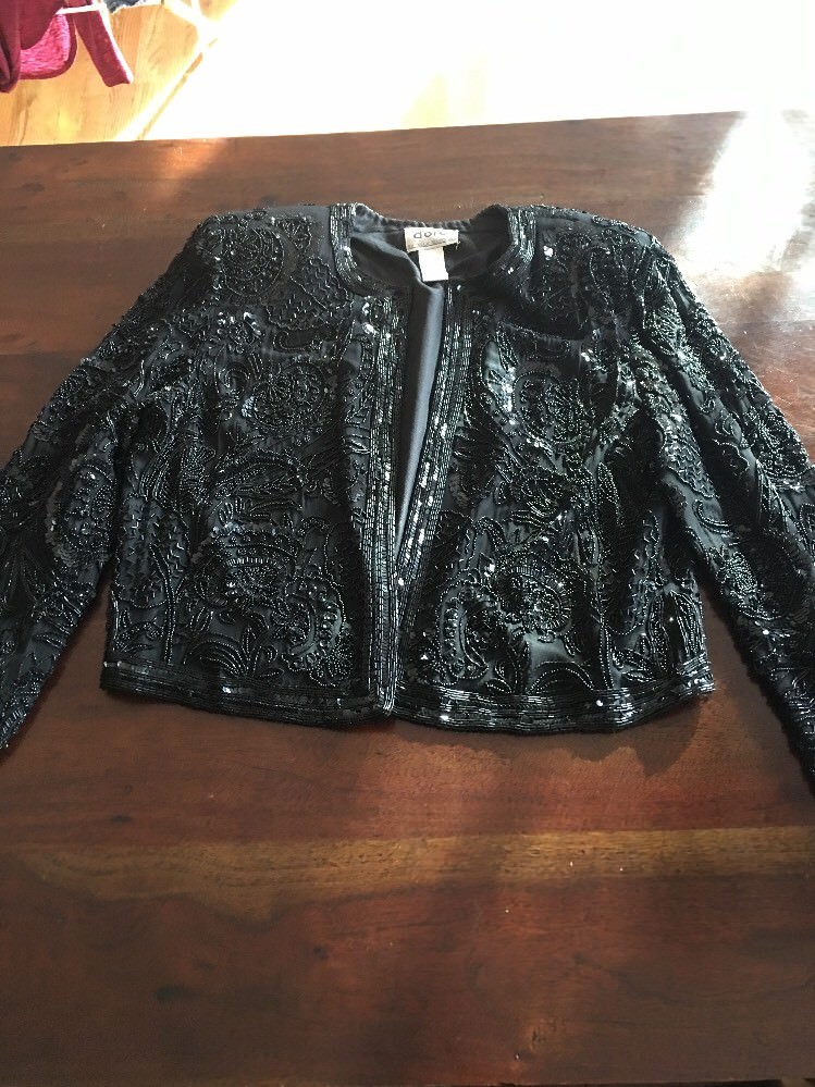 Vtg Vintage D’ore Silk Black Beaded Detail Jacket Dress Coat Size Large