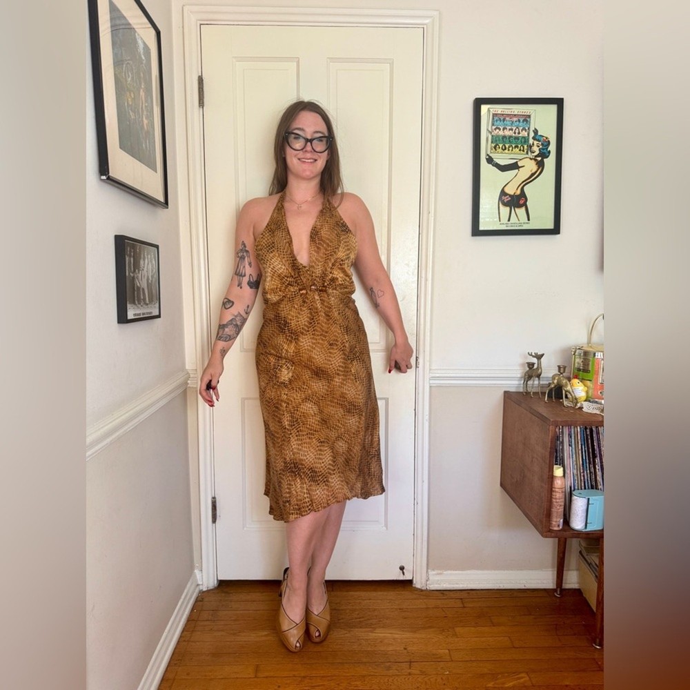 Y2K Vintage Donna Ricco Silk Snake Skin Print Halter Dress Sz M